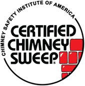 Circle logo that reads Chimney Safety Institute of America Certified Chimney Sweep in black letters with drawing of red bricks in bottom right corner
