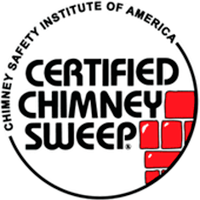 Circle logo that reads Chimney Safety Institute of America Certified Chimney Sweep in black letters with drawing of red bricks in bottom right corner