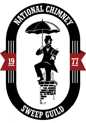 National Chimney Sweep Guild - Chimney Sweep sitting in oblong circle on top of chimney with umbrella