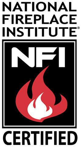 Logo with red fire and NFI in white letters with black background. National Fireplace Institute Certified Written around logo