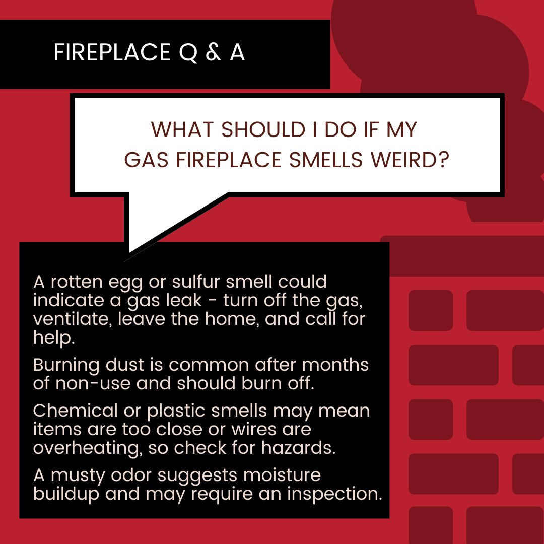 original infographic titled 'Fireplace Q&A' against a background of red brick pattern. A white speech bubble asks 'What should I do if my gas fireplace smells weird?' Four answers are listed in a black box below, each with a potential cause and action to take: Rotten egg or sulfur smell - Gas leak, turn off gas, ventilate, leave, call for help. Burning dust - Common after non-use, should burn off. Chemical or plastic smells - Overheating, check for hazards. Musty odor - Moisture buildup, may require inspection.
