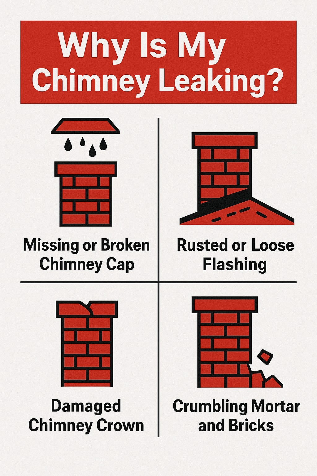 original infographic has a bold red and white design with black accents, featuring the title “Why Is My Chimney Leaking?” in large white text on a red background at the top. Below, the content is divided into four quadrants with simple red brick chimney illustrations: top left shows a chimney without a cap and raindrops labeled “Missing or Broken Chimney Cap,” top right shows flashing around the chimney base labeled “Rusted or Loose Flashing,” bottom left shows a chimney with a cracked top labeled “Damaged Chimney Crown,” and bottom right shows bricks falling off a chimney labeled “Crumbling Mortar and Bricks.” The overall style is clean, bold, and visually direct, using red chimneys with black outlines on a white background for strong contrast.