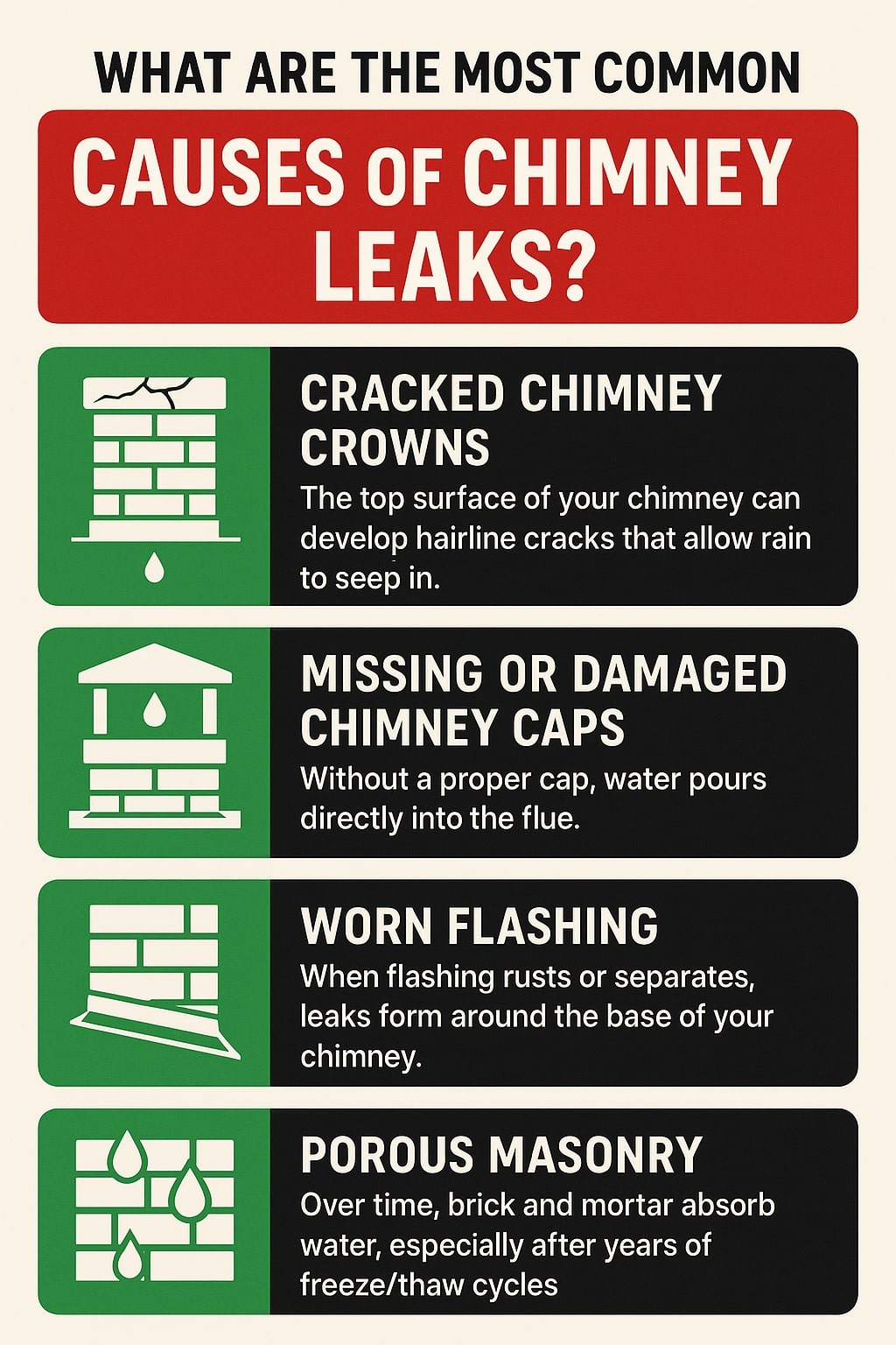 original infographic showing four common causes of chimney leaks with illustrated icons and text blocks. The top header reads “What Are the Most Common Causes of Chimney Leaks?” in bold black and white letters on a red background. Each cause is shown in a green and black section with simple white line icons. The first shows a cracked brick chimney labeled “Cracked Chimney Crowns” with text explaining that hairline cracks let rain seep in. The second shows a chimney with a roof cap labeled “Missing or Damaged Chimney Caps,” noting that without a cap, water pours into the flue. The third shows angled flashing at a chimney base labeled “Worn Flashing,” explaining that rust or separation causes leaks. The fourth shows bricks with water droplets labeled “Porous Masonry,” describing how bricks and mortar absorb water over time, especially after freeze/thaw cycles. The color palette includes red (#BB2030), green (#39B54A), white, and black.<br />
