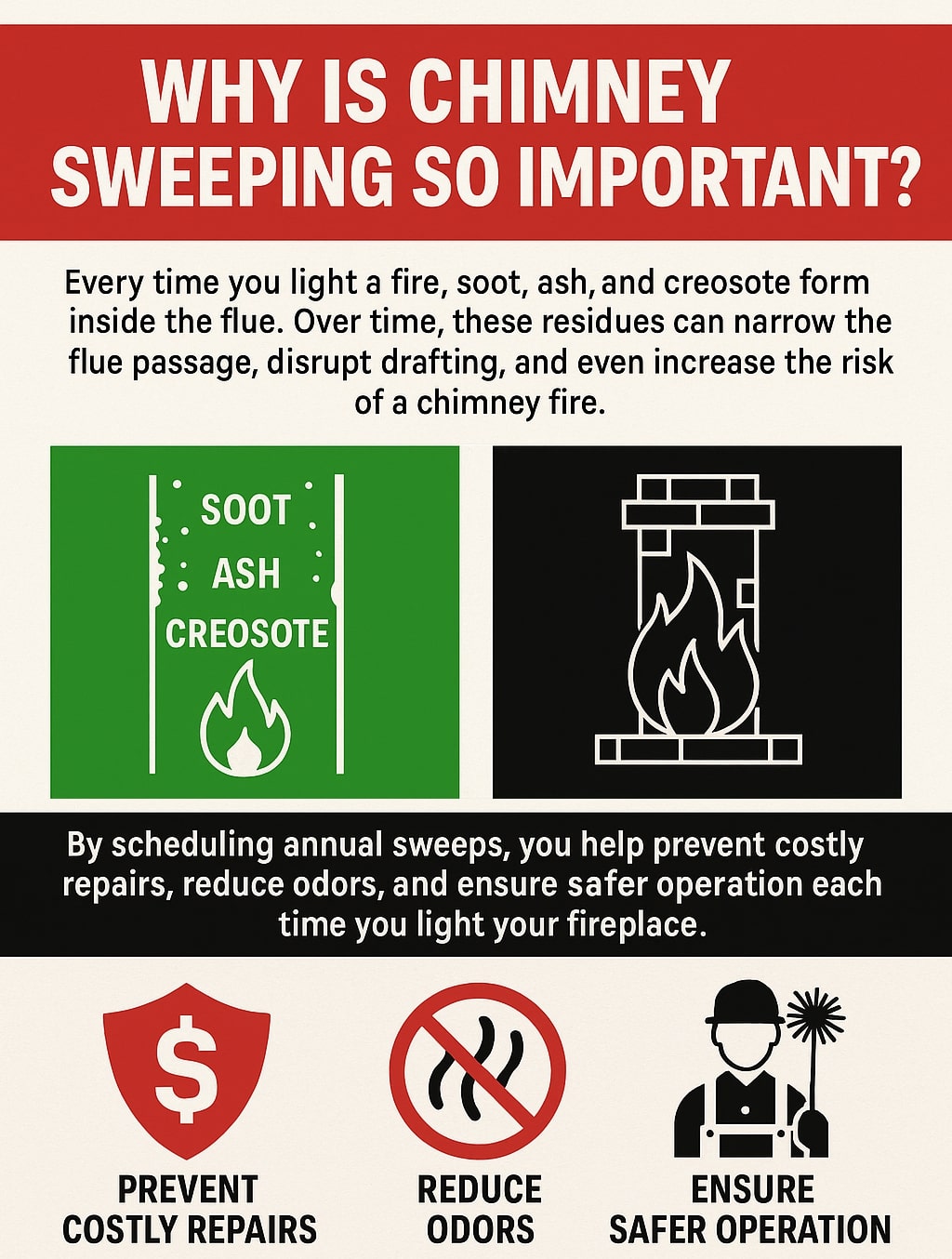 Original infographic with a bold red header reading “Why is Chimney Sweeping So Important?” followed by black text explaining that soot, ash, and creosote build up inside a chimney flue with each fire, potentially causing narrowing, drafting issues, and fire risk. Below the text are two square graphics: one green showing the words “Soot, Ash, Creosote” with a flame icon, and one black showing a white outline of a chimney with a fire inside. A black banner with white text states that annual sweeps prevent costly repairs, reduce odors, and ensure safer operation. The bottom section features three red and black icons: a shield with a dollar sign labeled “Prevent Costly Repairs,” a circle with wavy lines and a slash labeled “Reduce Odors,” and a chimney sweep worker holding a brush labeled “Ensure Safer Operation.” The color scheme is primarily red, black, white, and green.