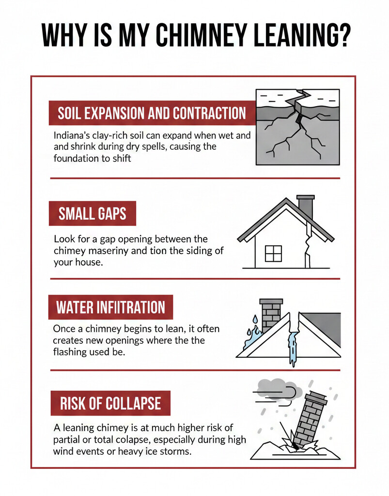 original infographic titled "Why Is My Chimney Leaning?" presented in a vertical portrait orientation with a clean white background and dark red accents. The infographic features four distinct sections, each with a red header and a corresponding black-and-white icon. The first section, "Soil Expansion and Contraction," explains how Indiana’s clay-rich soil shifts with moisture levels, accompanied by an icon of cracked earth. The second section, "Small Gaps," advises looking for openings between chimney masonry and house siding, illustrated by a house icon with a visible gap. The third section, "Water Infiltration," describes how leaning creates openings in flashing, paired with an icon showing water entering a roof gap. The final section, "Risk of Collapse," warns of the dangers during high winds or ice storms, featuring an icon of a falling chimney.