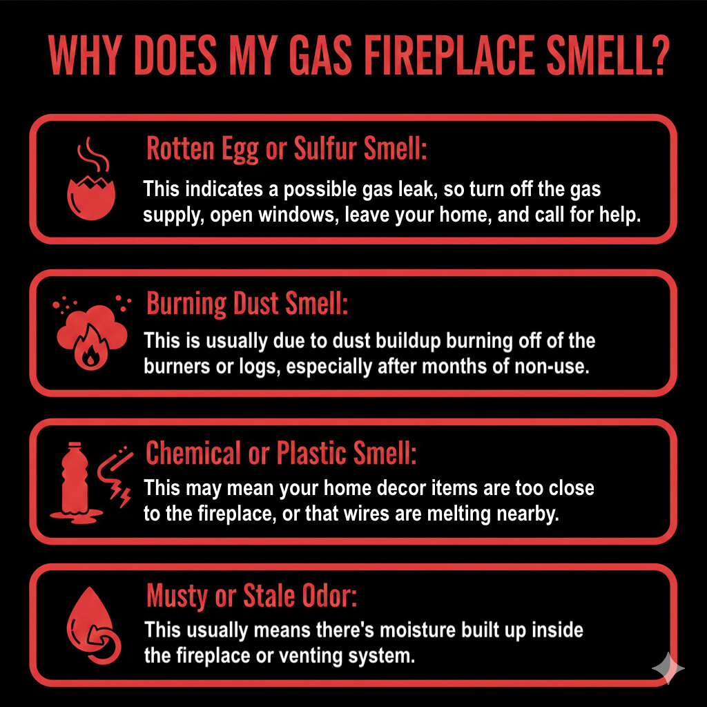 original infographic titled "Why Does My Gas Fireplace Smell?" featuring a black background with text and icons highlighted in red and white. The information is organized into four distinct red-bordered boxes. The first box, labeled "Rotten Egg or Sulfur Smell" with a cracked egg icon, warns that this indicates a possible gas leak and advises turning off the gas, opening windows, and leaving the home. The second box, "Burning Dust Smell" with a flame icon, explains this is usually dust burning off burners or logs after non-use. The third box, "Chemical or Plastic Smell" with a melting bottle icon, suggests decor items are too close to the fireplace or wires are melting. The final box, "Musty or Stale Odor" with a water droplet icon, attributes the smell to moisture buildup inside the unit or venting system.