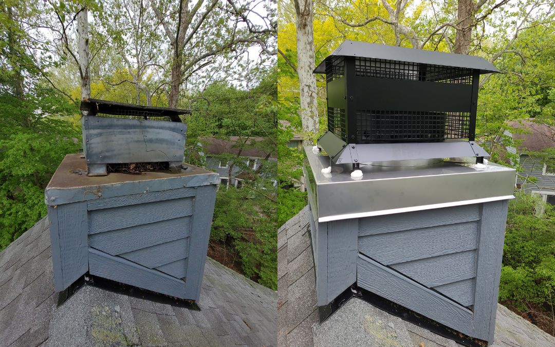 Original image by Beck's Chimney of a client's chimney before and after a chase cover replacement.